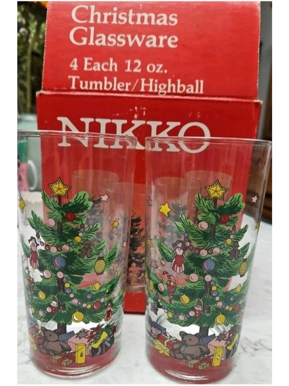 Nikko Christmas Glassware Set Of 4 Highball Tumblers 12 Oz Holiday Tree Design N
